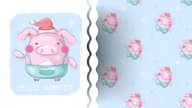 Nettes winterschwein - kinderillustration mit muster