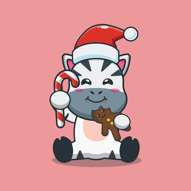 Nettes Zebra, das Weihnachtsplätzchen und -süßigkeit isst Nette Weihnachtskarikaturillustration