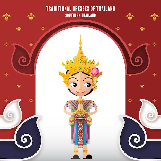 Nettes zeichentrickfigurenmädchen in traditionellen kleidern von thailand oder thailändischem traditionellem tanzkostüm
