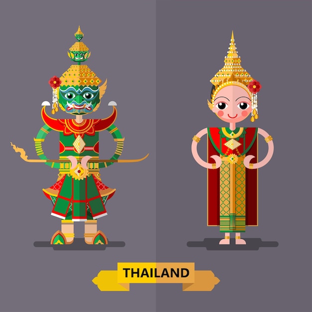 Nettes zeichentrickfigurenmädchen in traditionellen kleidern von thailand oder thailändischem traditionellem tanzkostüm
