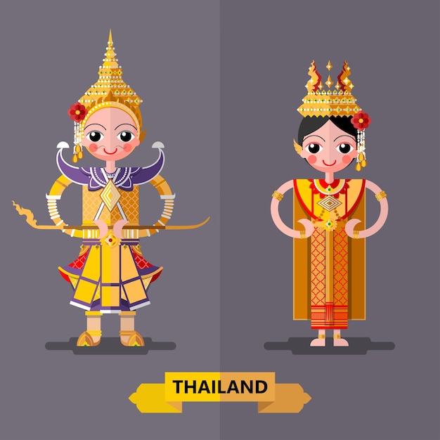 Vektor nettes zeichentrickfigurenmädchen in traditionellen kleidern von thailand oder thailändischem traditionellem tanzkostüm