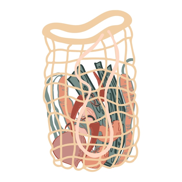 Netzbeutel mit gemüse für salat, karotten, rüben, sellerie, chilischoten und tomaten für umweltfreundliches leben, isolierter vektor modekäufer des vegan zero waste-konzepts buntes, handgezeichnetes vecto