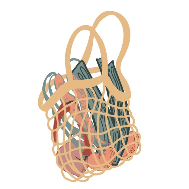 Netzbeutel mit gemüse für salat, karotten, rüben, sellerie, chilischoten und tomaten für umweltfreundliches leben, isolierter vektor modekäufer des vegan zero waste-konzepts buntes, handgezeichnetes vecto
