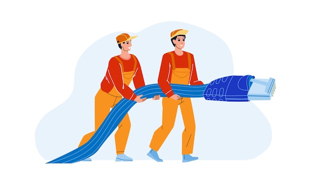 Netzwerk-lan-support-mechaniker mit kabel-vektor. netzwerk-lan-support-service-männer, die kabel reparieren und anschließen. charaktere jungs ingenieur internet provider mitarbeiter flache cartoon illustration