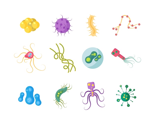 Neuartige Coronavirus-Bakterien 2019-nCoV. Keime, buntes Set, Mikroorganismen, pathogene Objekte, Zellkrebs, Viren. Bakterien- und Viruszell-Symbole in flachem Design. Illustration.