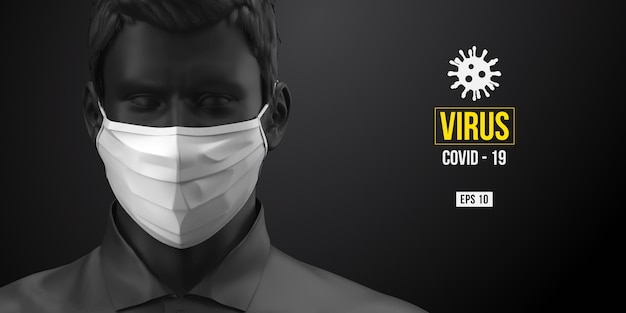 Neuartiges coronavirus covid-2019. mann in der schwarzen farbe in der weißen maske auf einem schwarzen hintergrund.