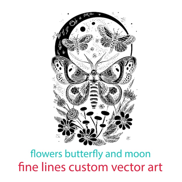 Vektor neue blumen schmetterlinge und mond feine linien benutzerdefinierte vektorkunst design illustration