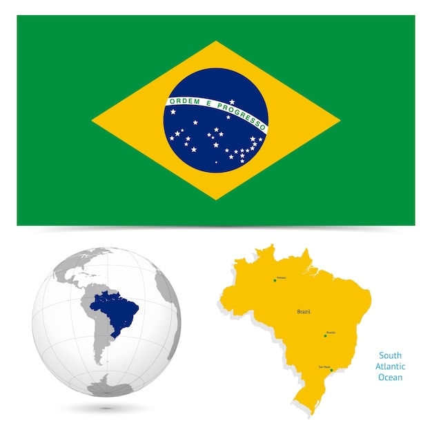 Vektor neue detaillierte flagge mit karte welt von brasilien
