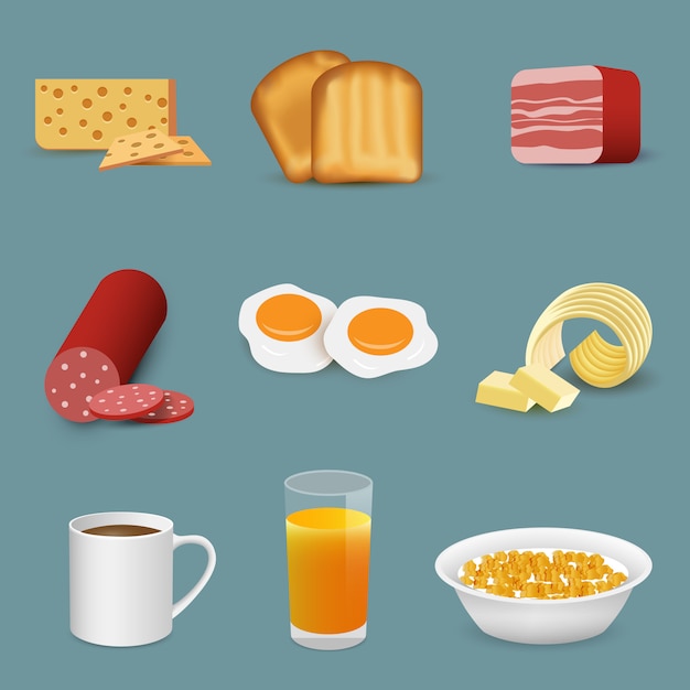 Neue lebensmittel- und getränkesymbole des morgens, frühstücksikonen