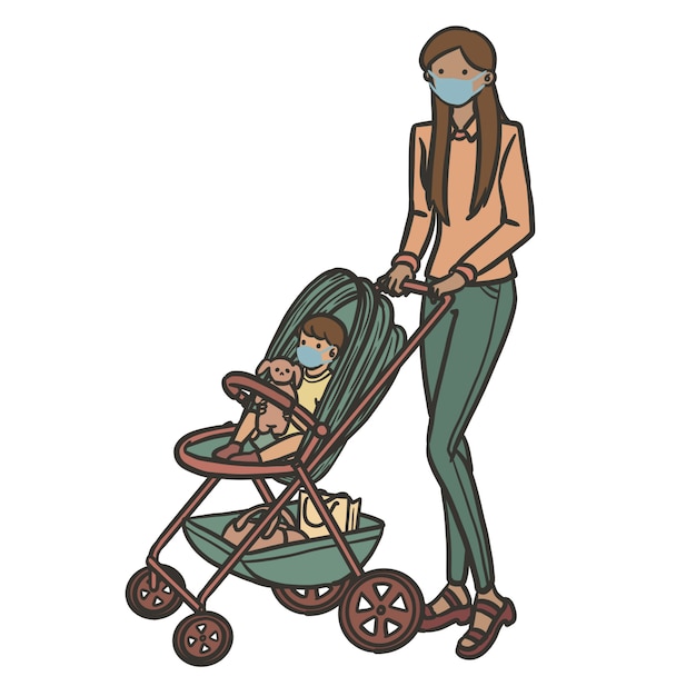 Neue normale mutter und kind in der handgezeichneten illustration des kinderwagens