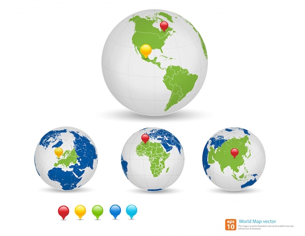 Neue weltkarte mit kugel- und stiftmarkierungsstandort