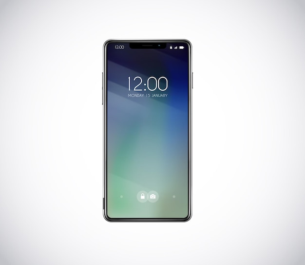 Vektor neuer smartphone-prototyp isoliertes mobiltelefon mit hintergrund und stundenbildschirm-mockup-modell