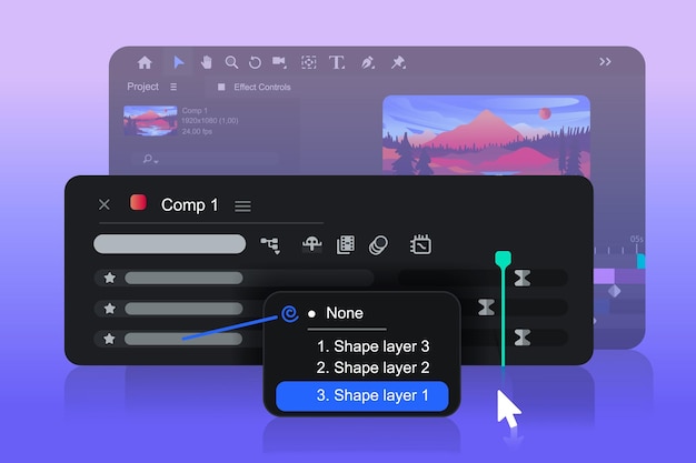 Neues dropdown-menü in motion-design-software. neue eigenschaften. transparenzeinstellung spur matt