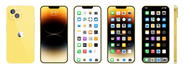 Neues goldenes iphone 14 apple inc. smartphone mit ios 14 sperrbildschirm, telefonnavigationsseite, startseite mit 47 beliebten apps, vektorillustration eps10 leitartikel