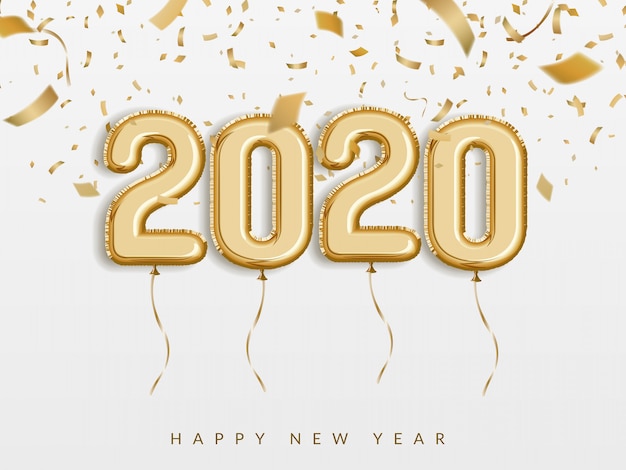 Neues Jahr 2020 Feiern Sie, Goldfolienballone mit Ziffer und Konfetti. 3D realistisch
