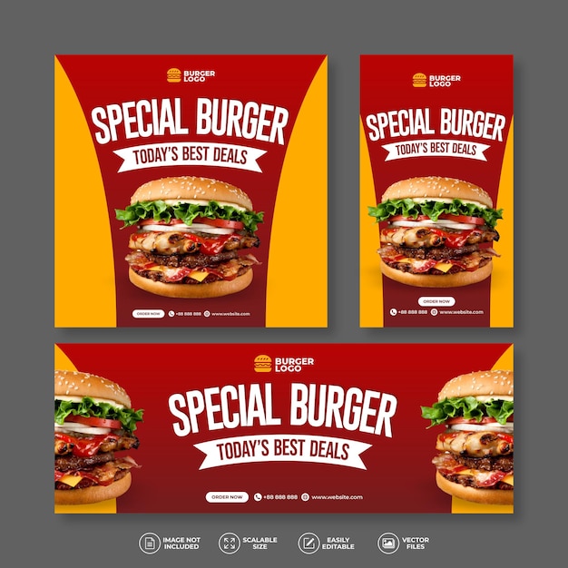 NEUES KÖSTLICHES BURGER LEBENSMITTEL RESTAURANT FRISCHES KÖSTLICHES BURGER BANNER BUNDLE SET FÜR SOCIAL MEDIA POST UND INSTAGRAM STORY KOSTENLOSES MENÜ PROMO VORLAGE VECTOR