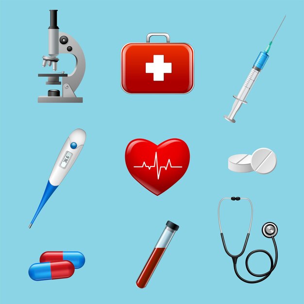 Neues medizinisches Ikonensatz Flaches medizinisches Symbol und Gesundheitszeichen Illustration