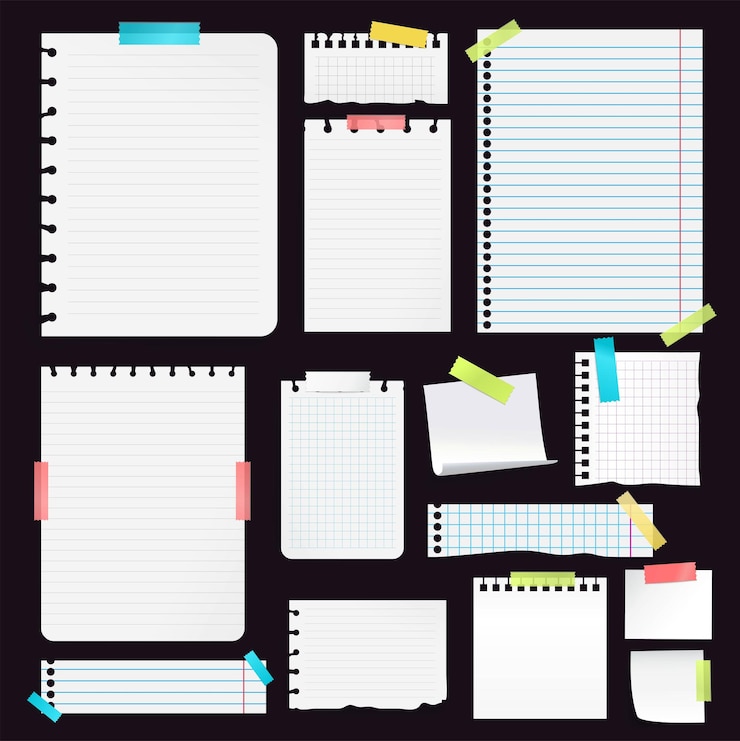 Vektor neues realistisches blank-note-farbpapier mit klebrigem klebeband-set konzept wichtige informationen rem