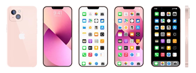 Vektor neues rosa iphone 14 apple inc. smartphone mit ios 14 sperrbildschirm, telefonnavigation, startseite mit 47 beliebten apps, vektorillustration eps10 leitartikel