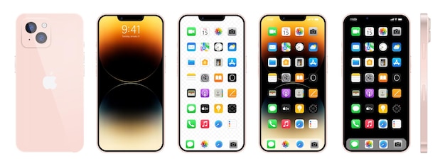 Vektor neues rosa iphone 14 apple inc. smartphone mit ios 14 sperrbildschirm, telefonnavigation, startseite mit 47 beliebten apps, vektorillustration eps10 leitartikel