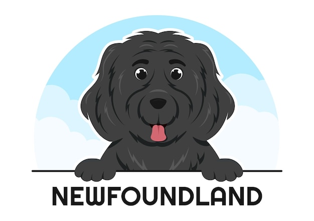 Neufundländer-hundetiere mit schwarzbrauner oder landseer-farbe in flacher cartoon-illustration