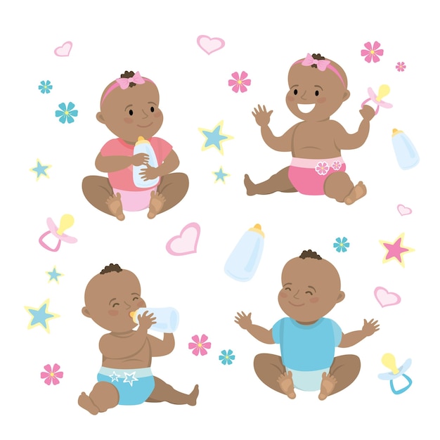 Vektor neugeborenes afrikanisch-amerikanisches baby-set isoliert auf weißem hintergrund cartoon-vektor-illustration