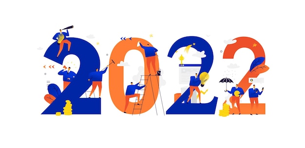 Neujahr 2022 Treffen des neuen Jahres Geschäftsleute feiern Weihnachten und Neujahr Geschäftsmetaphern Geschäftsleute in verschiedenen Situationen