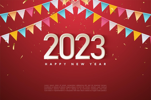 Neujahr 2023 mit papiervorhangdekoration und rotem hintergrund.