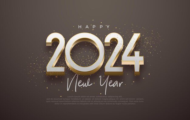 Neujahr 2024 mit 3D-elegant glänzendem Luxusgold auf schwarzem Hintergrund Premium-Vektordesign für Grüße und Feier des guten Rutsch ins Neue Jahr 2024
