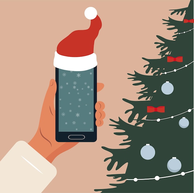 Neujahr oder Weihnachten Smartphone oder Tablet Platz für Text Weihnachtsschmuck Vektor-Illustration