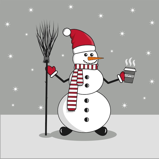 Neujahr. weihnachten. ein schneemann steht mit einem besen und hält heißen kaffee in der hand