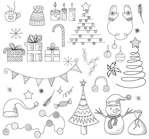 Neujahr, weihnachten, winter-doodle-zeichnung, isoliert, vektor