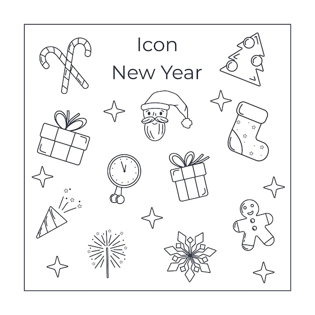 Neujahrs-ikonen auf weißem hintergrund im stil der line art