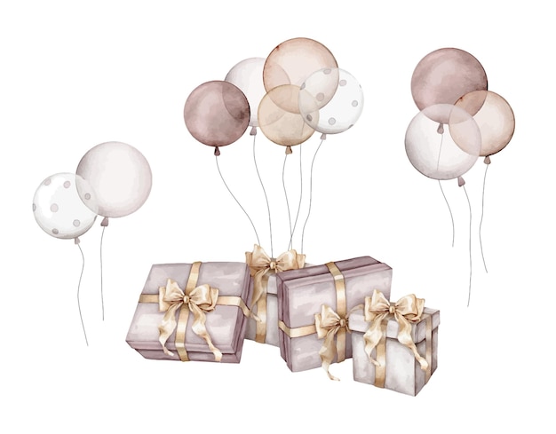 Vektor neujahrs- und geburtstagsbeige-geschenkschachteln mit goldenen bogen aquarell-handzeichnung illustration auf isoliertem weißen hintergrund realistisches element pastellfarben luftballons für partyfeiern