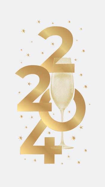 Vektor neujahrsgrußkarte mit einem glas champagner. weißer hintergrund und goldene farben