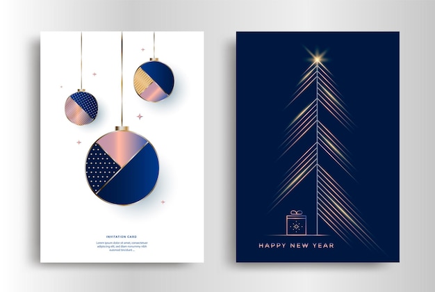 Neujahrsgrußkartendesign mit stilisiertem baum und kugeln. einladungsplakate für frohe weihnachten