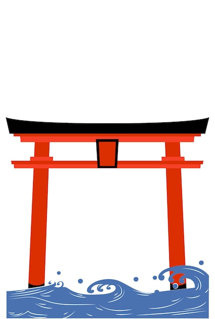 Neujahrskartenmaterial meer und torii-vektorillustration