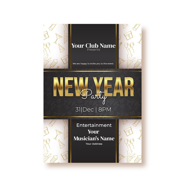 Neujahrsparty-Flyer-Design mit Ballons, Sternpartikeln und goldenen Bändern