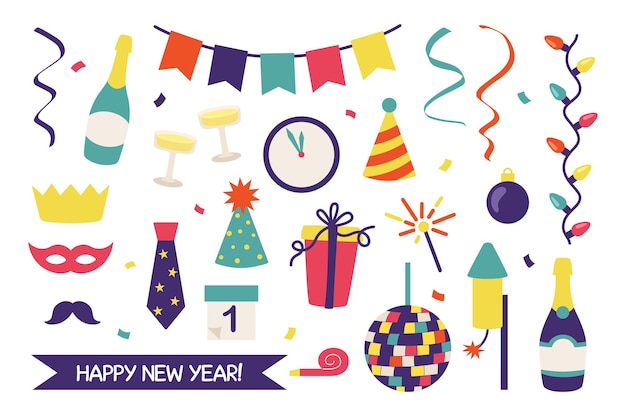 Neujahrsparty-Set mit Elementen im Cartoon-Flat-Stil