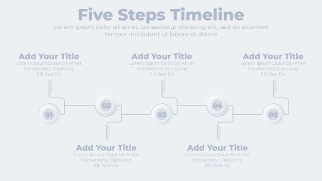 Neumorphe Geschäftszeitleiste mit 5 Schritten oder Optionen Infografik-Präsentationsvorlage