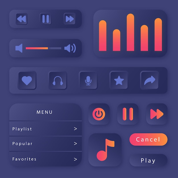 Neumorphe Musik, Benutzerschnittstelle, Design, Abbildung, Vektor, Icon