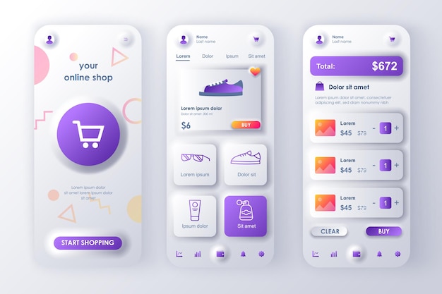 Neumorphe Vorlagen für das Online-Shopping-Konzept legen die Store-Website mit UI-UX-GUI-Bildschirmen für Produkte fest