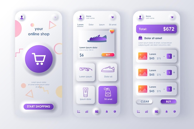 Vektor neumorphe vorlagen für das online-shopping-konzept legen die store-website mit ui-ux-gui-bildschirmen für produkte fest