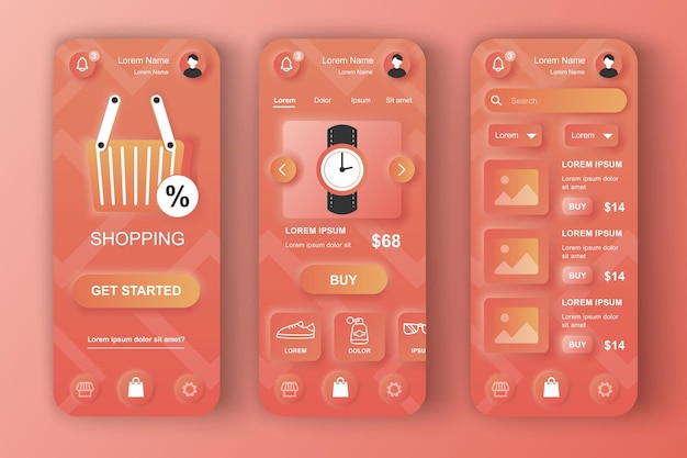 Neumorphe Vorlagen für das Online-Shopping-Konzept setzen die Benutzeroberfläche der Store-Website UI UX GUI-Bildschirme