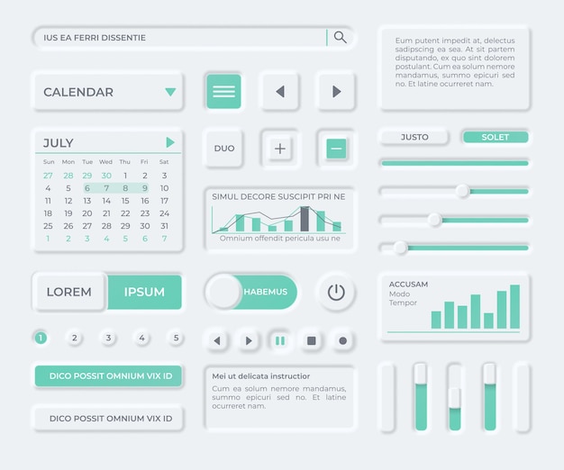 Neumorphism-UI-Komponenten für das Design von Business-App-Dashboards. Moderne neomorphe Schaltflächen, Suchformular, Schieberegler, Kalender- und Diagrammvektorsatz