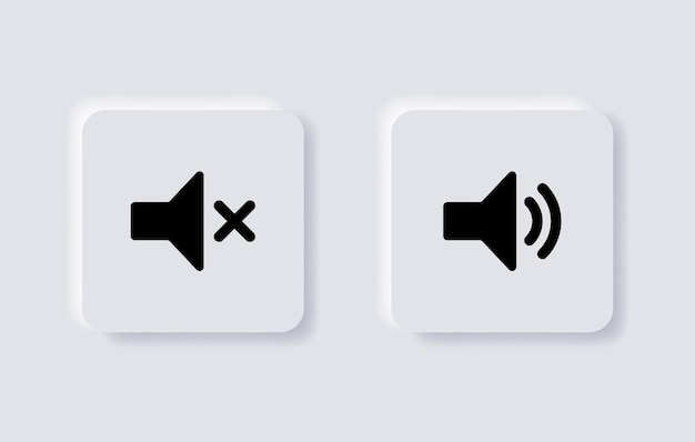 Neumorphismus-Lautsprecher-Lautstärkesymbol und Stummschaltungssymbol für das ui ux-App-Web in weißen neumorphen Schaltflächen
