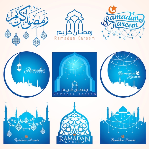 Neun sätze ramadan kareem-emblem für abzeichen