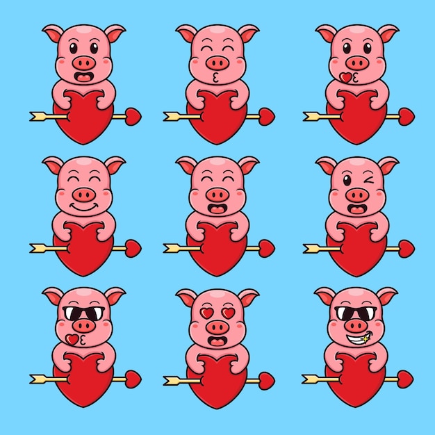 Vektor neun sätze süßer cartoon-schweine speziell für den valentinstag