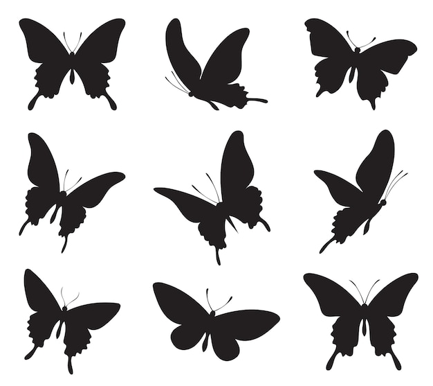 Neun schwarze Schmetterlingssilhouetten im Flug