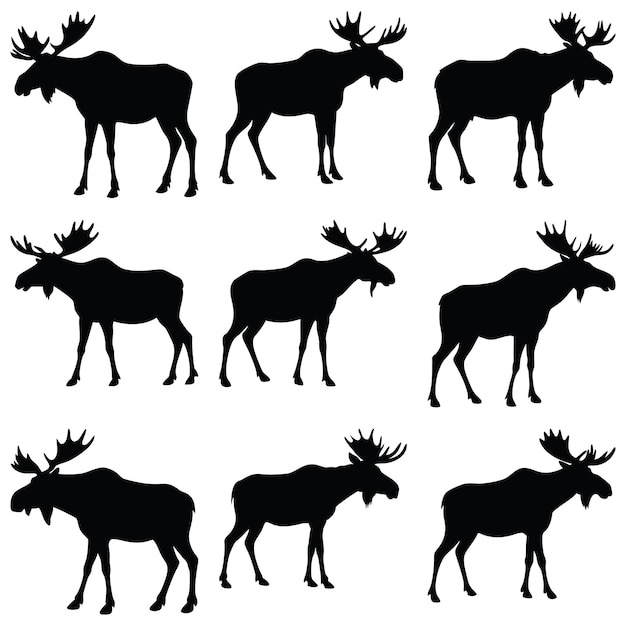 Neun Silhouetten von laufenden Elchen auf weißem Hintergrund Wildtier-Design